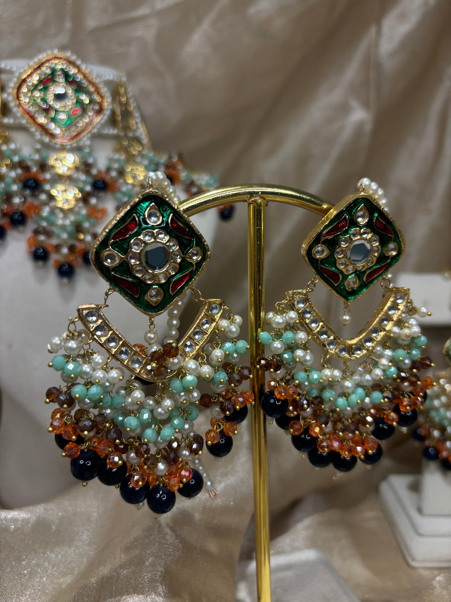 Green/navy blue/orange thappa kundan choker set