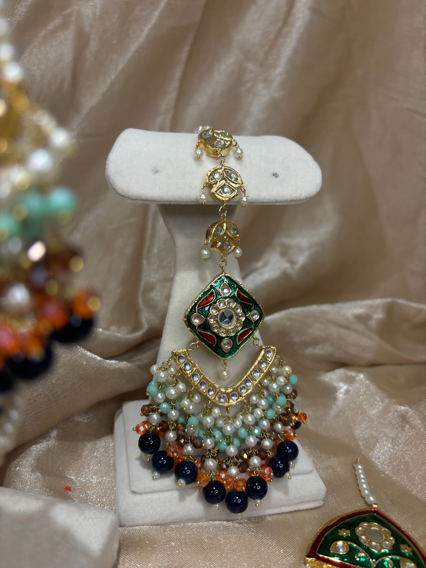 Green/navy blue/orange thappa kundan choker set