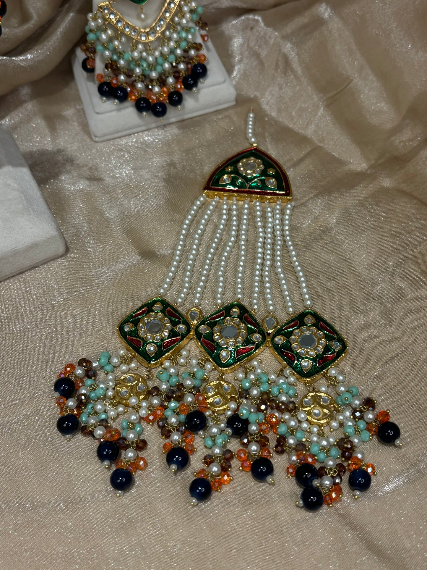 Green/navy blue/orange thappa kundan choker set