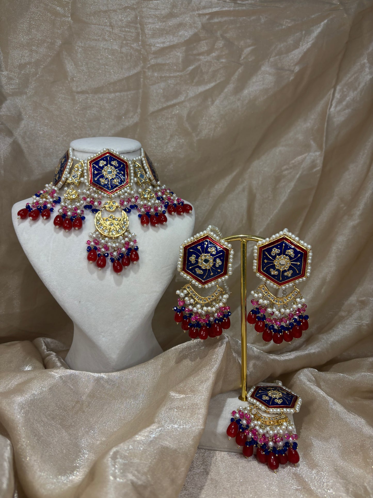 Navy/maroon/hot pink thappa kundan choker set