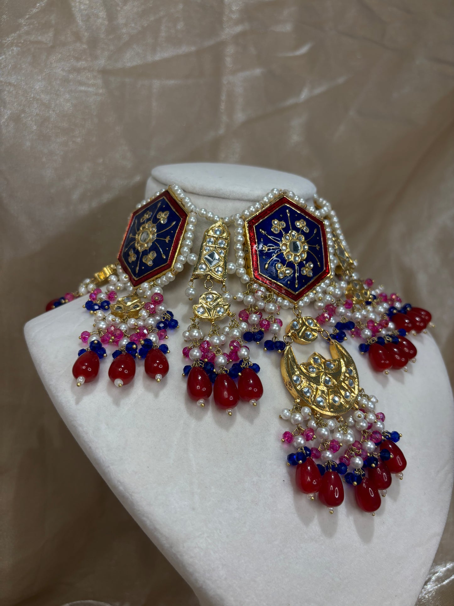 Navy/maroon/hot pink thappa kundan choker set