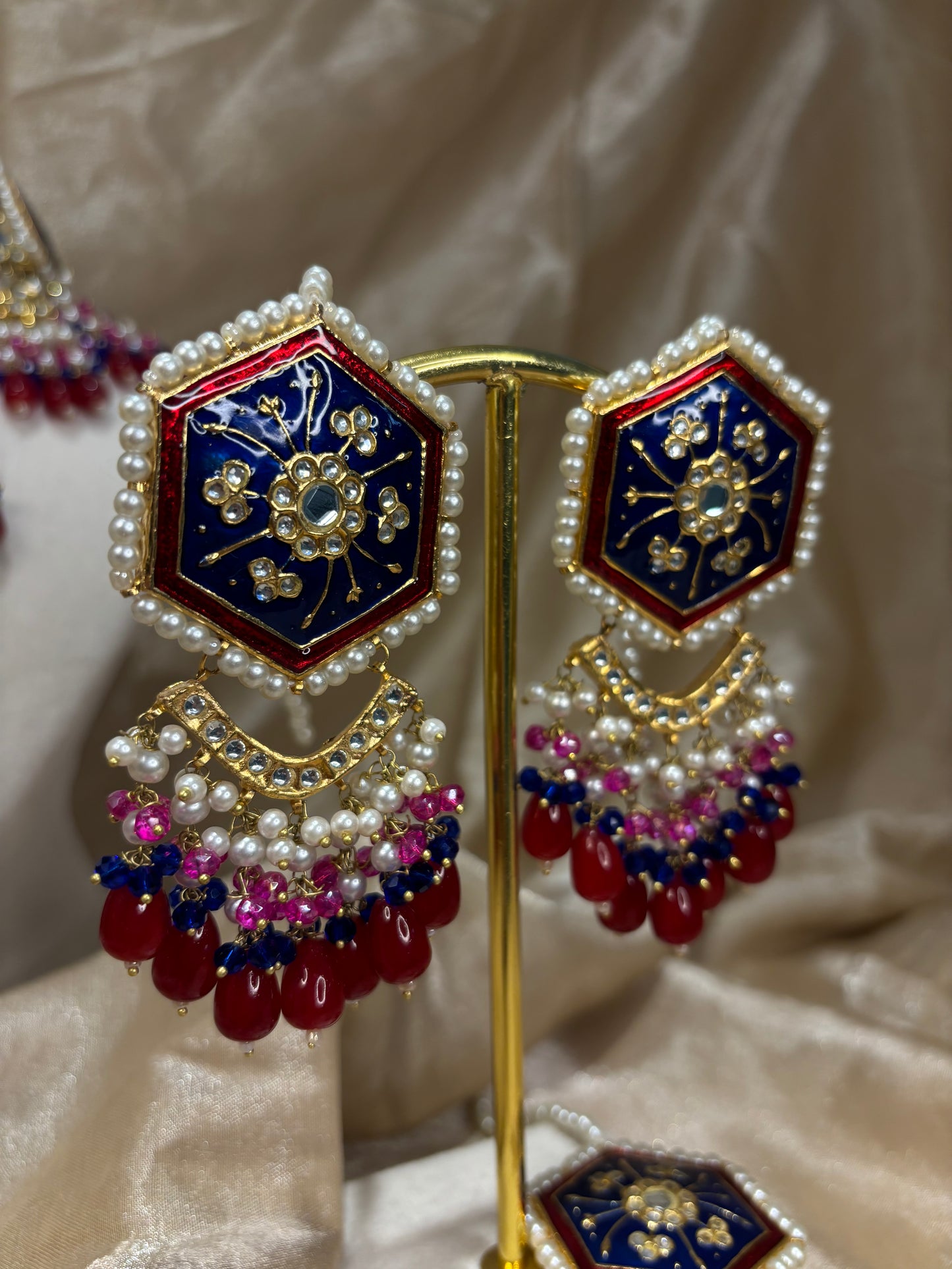 Navy/maroon/hot pink thappa kundan choker set