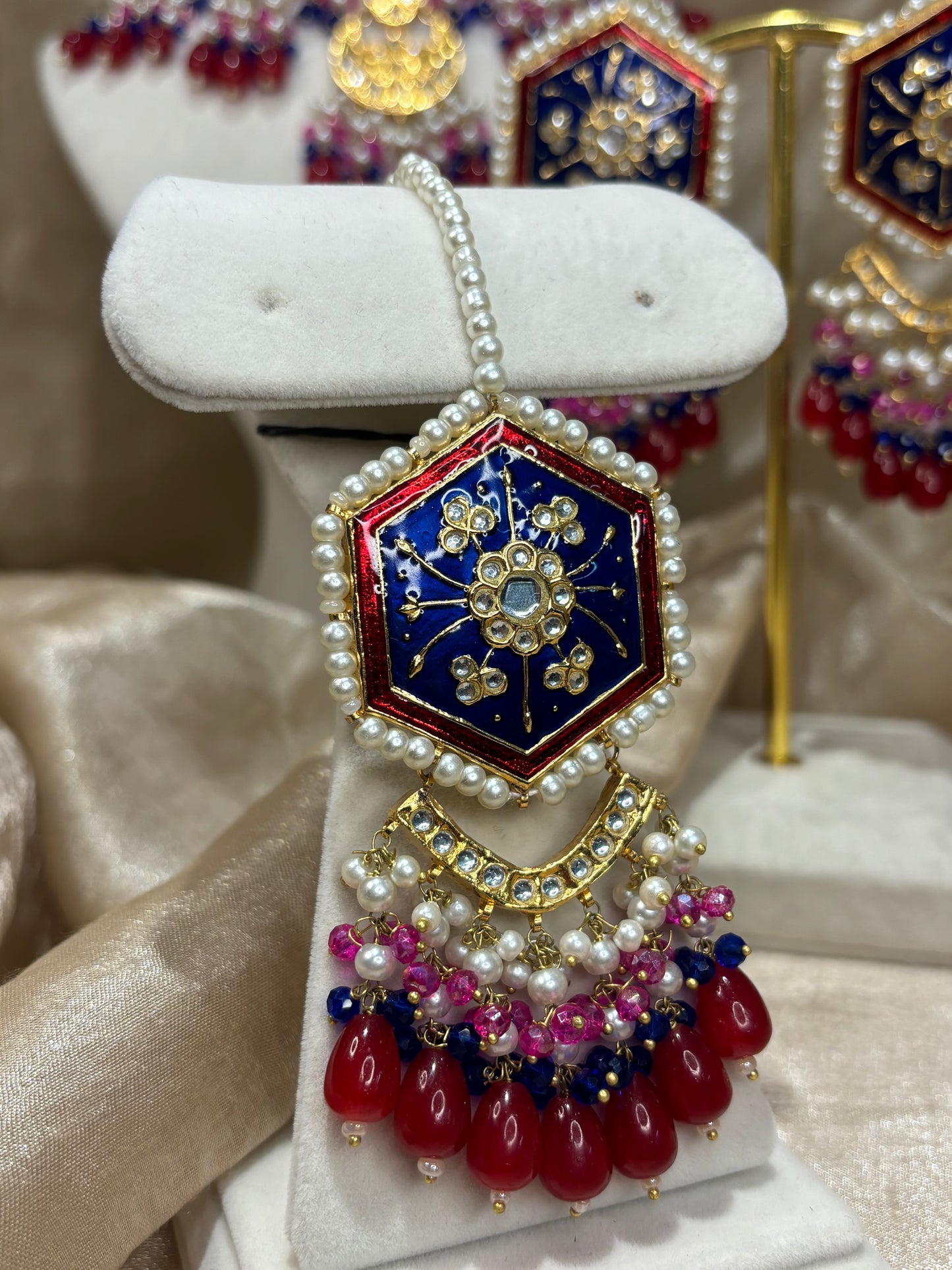 Navy/maroon/hot pink thappa kundan choker set