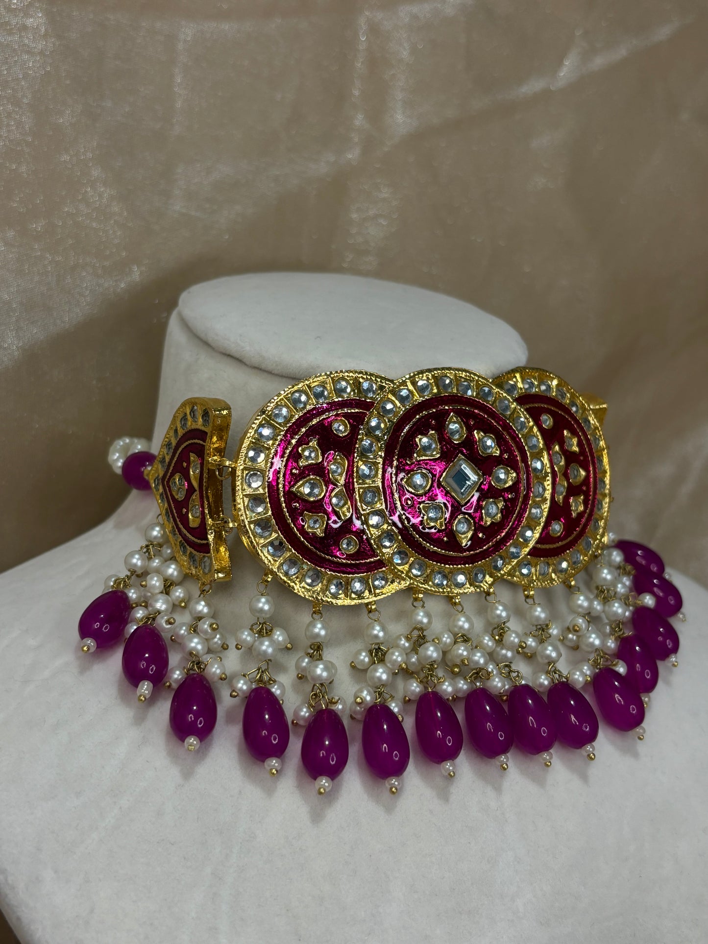 Hot pink thappa kundan choker set