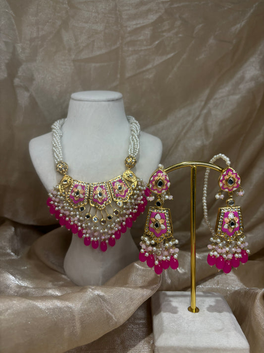 Hot pink thappa kundan necklace set