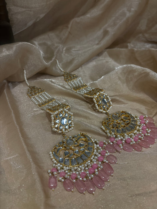 Baby pink farshi kundan sahare earring/tikka set