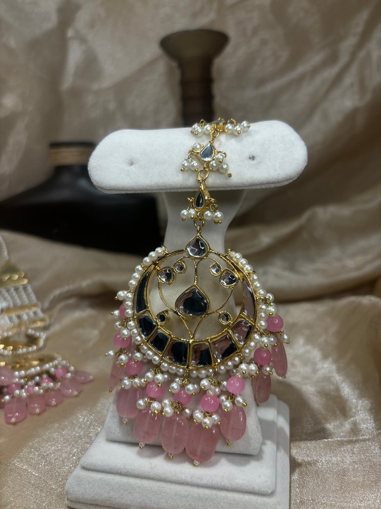 Baby pink farshi kundan sahare earring/tikka set