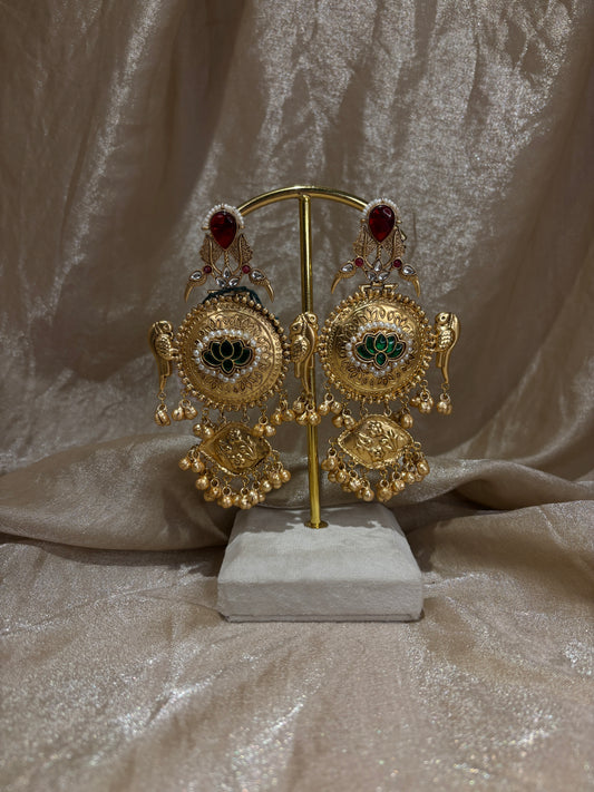 maroon and green statement earrings