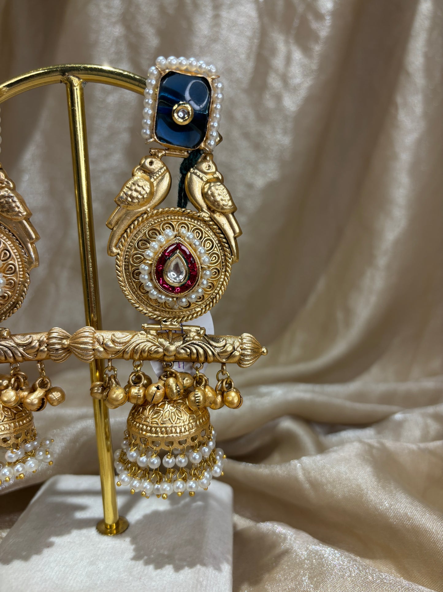 blue and hot pink statement earrings