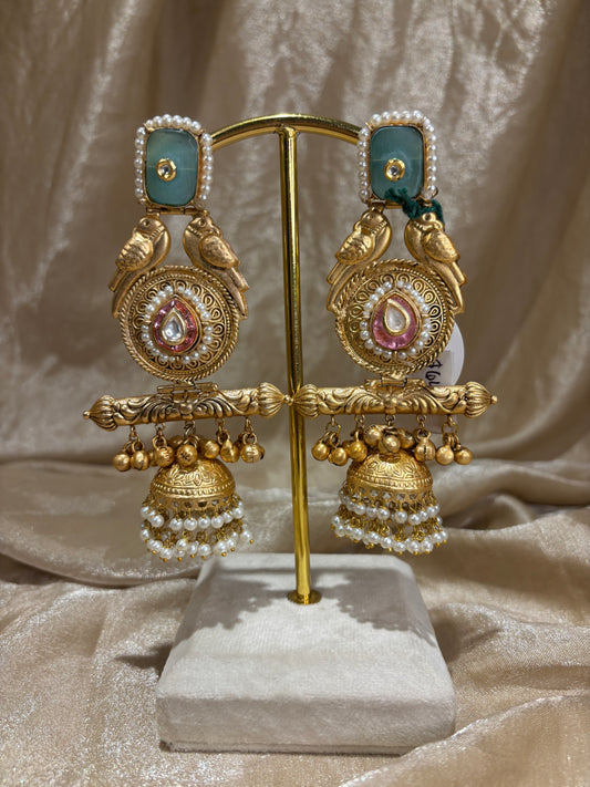blue and pink statement earrings