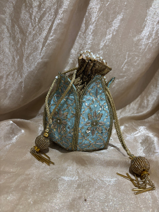 light blue potli purse