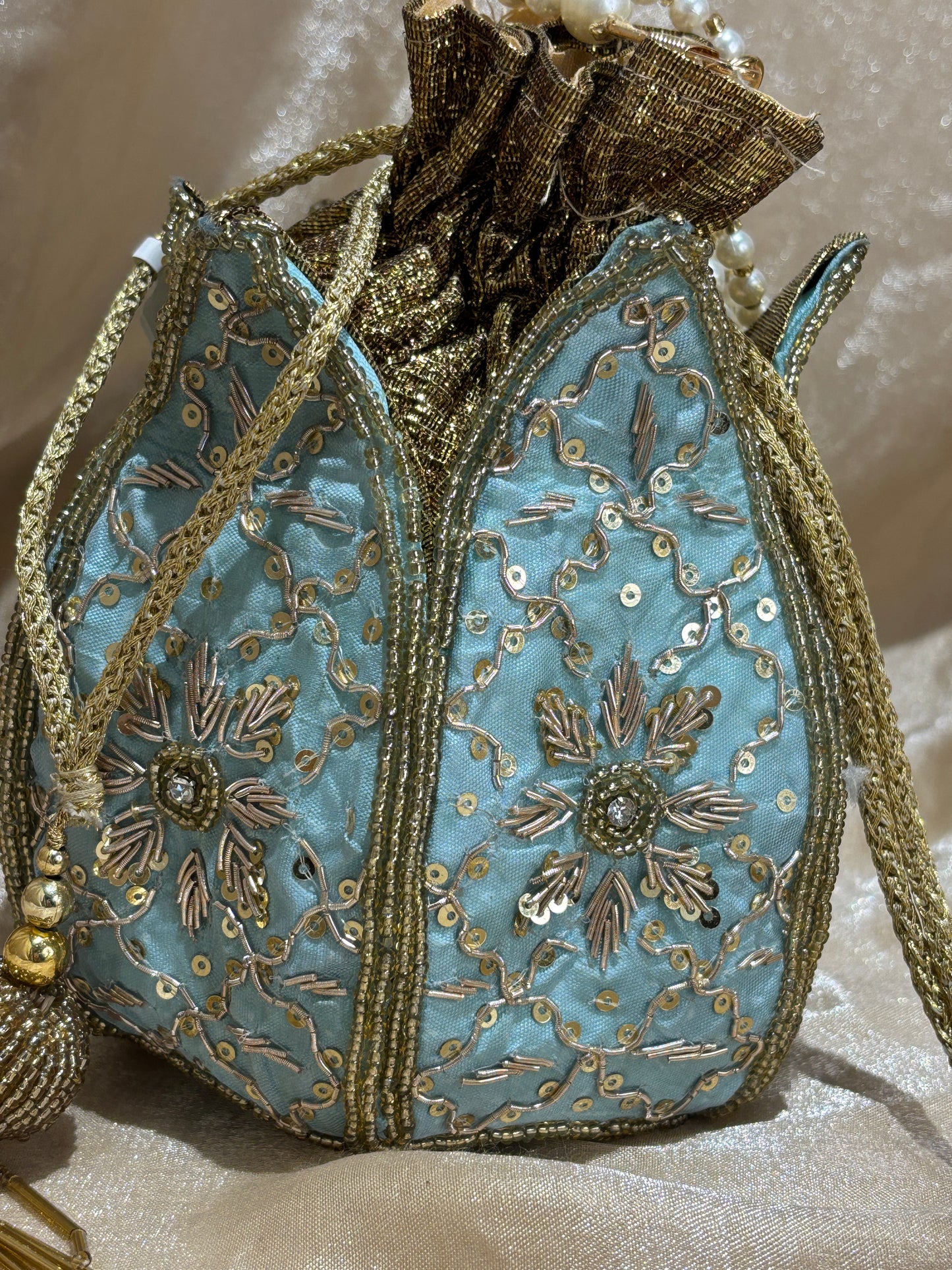 light blue potli purse