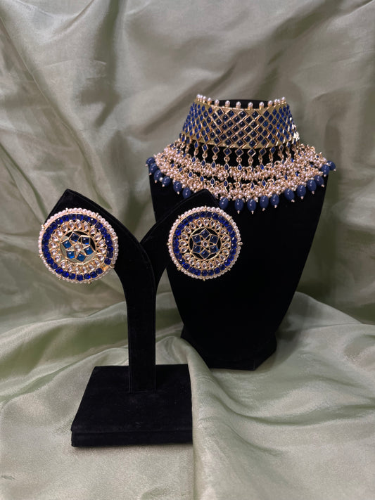 Royal blue white kundan choker set