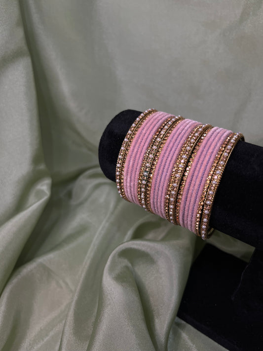 Dusty pink velvet pearl bangle set