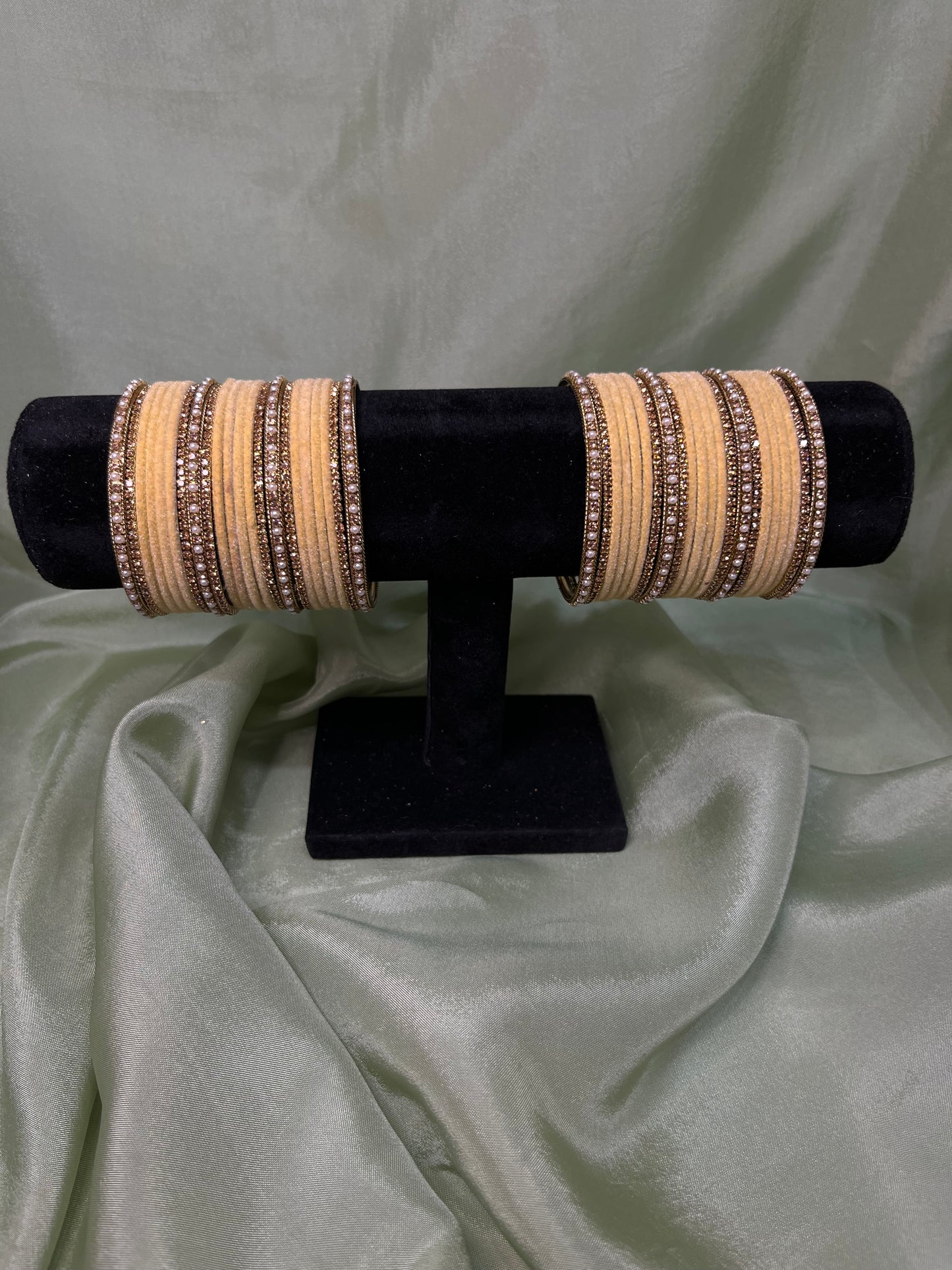 Yellow velvet bangle set with pearl kare