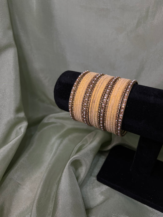 Yellow velvet bangle set with pearl kare