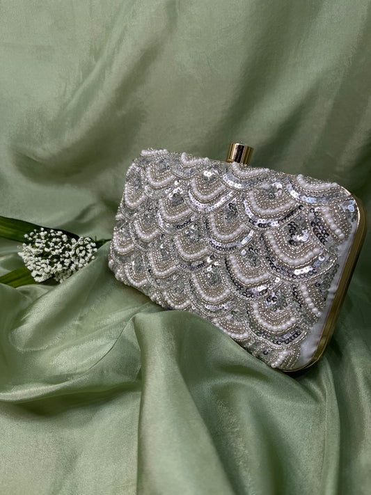 Silver sequin clutch