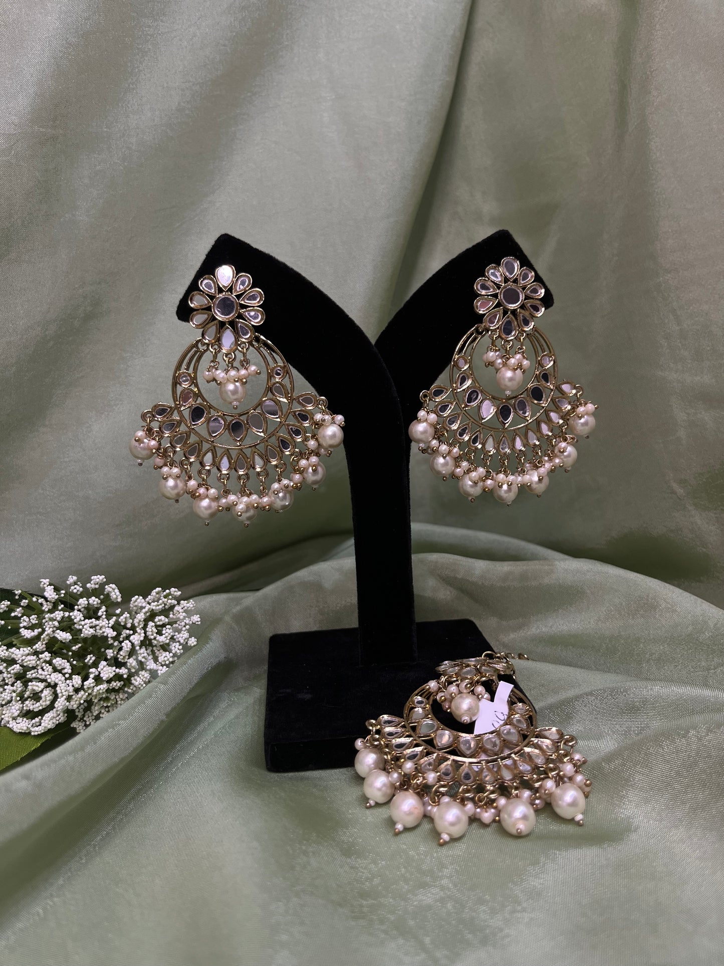 White mirror work earring/tikka set
