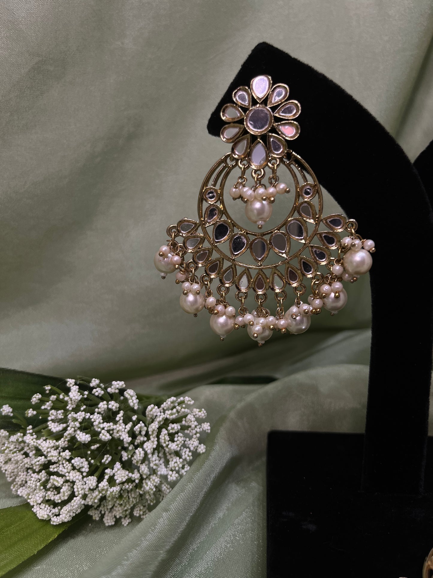 White mirror work earring/tikka set