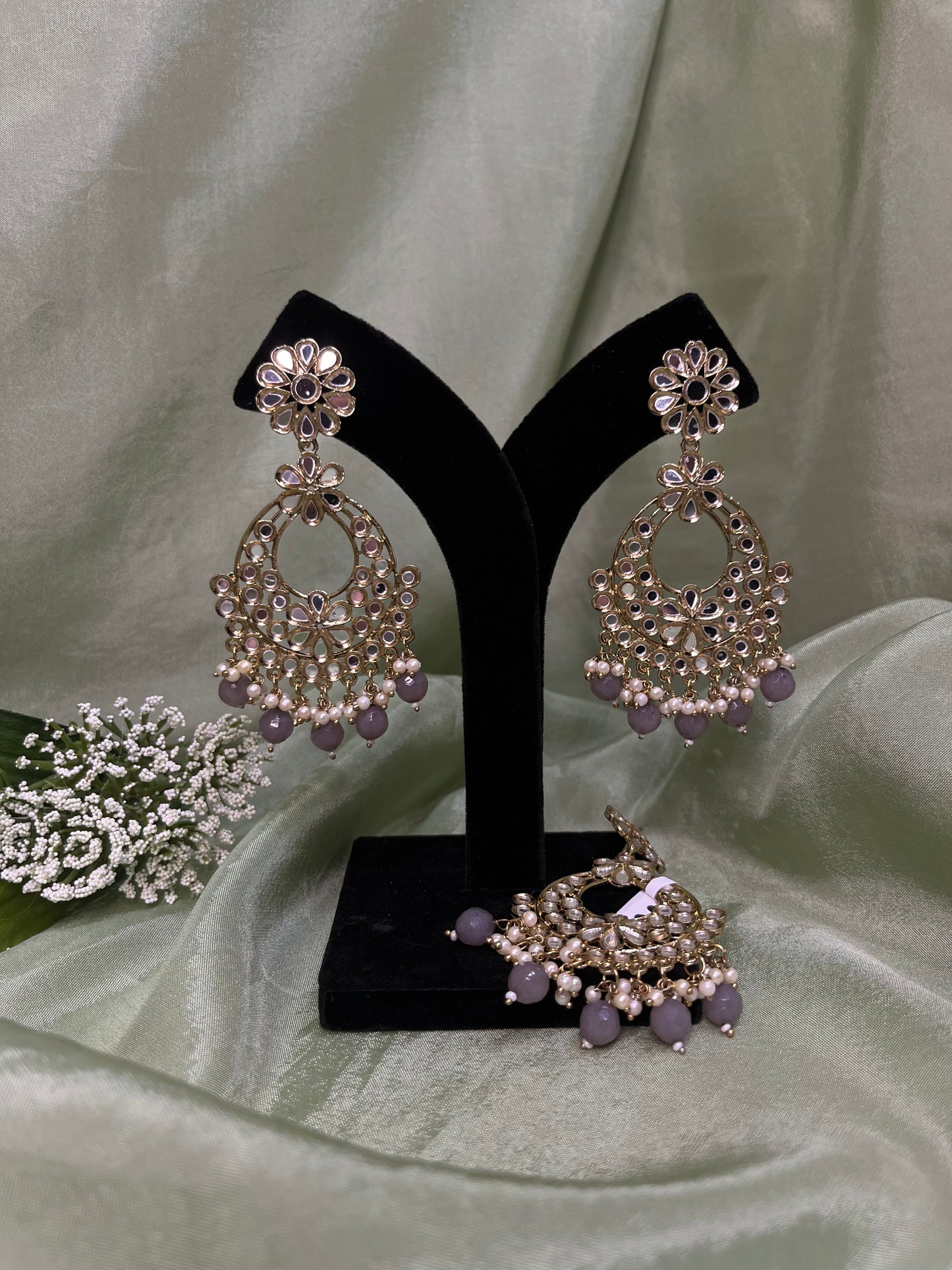 Grey mirror work earring/tikka set