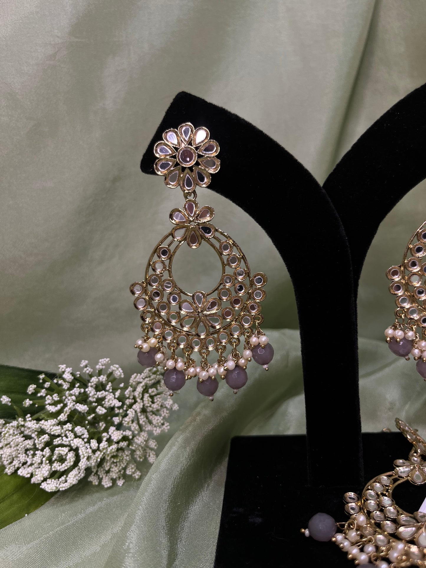 Grey mirror work earring/tikka set