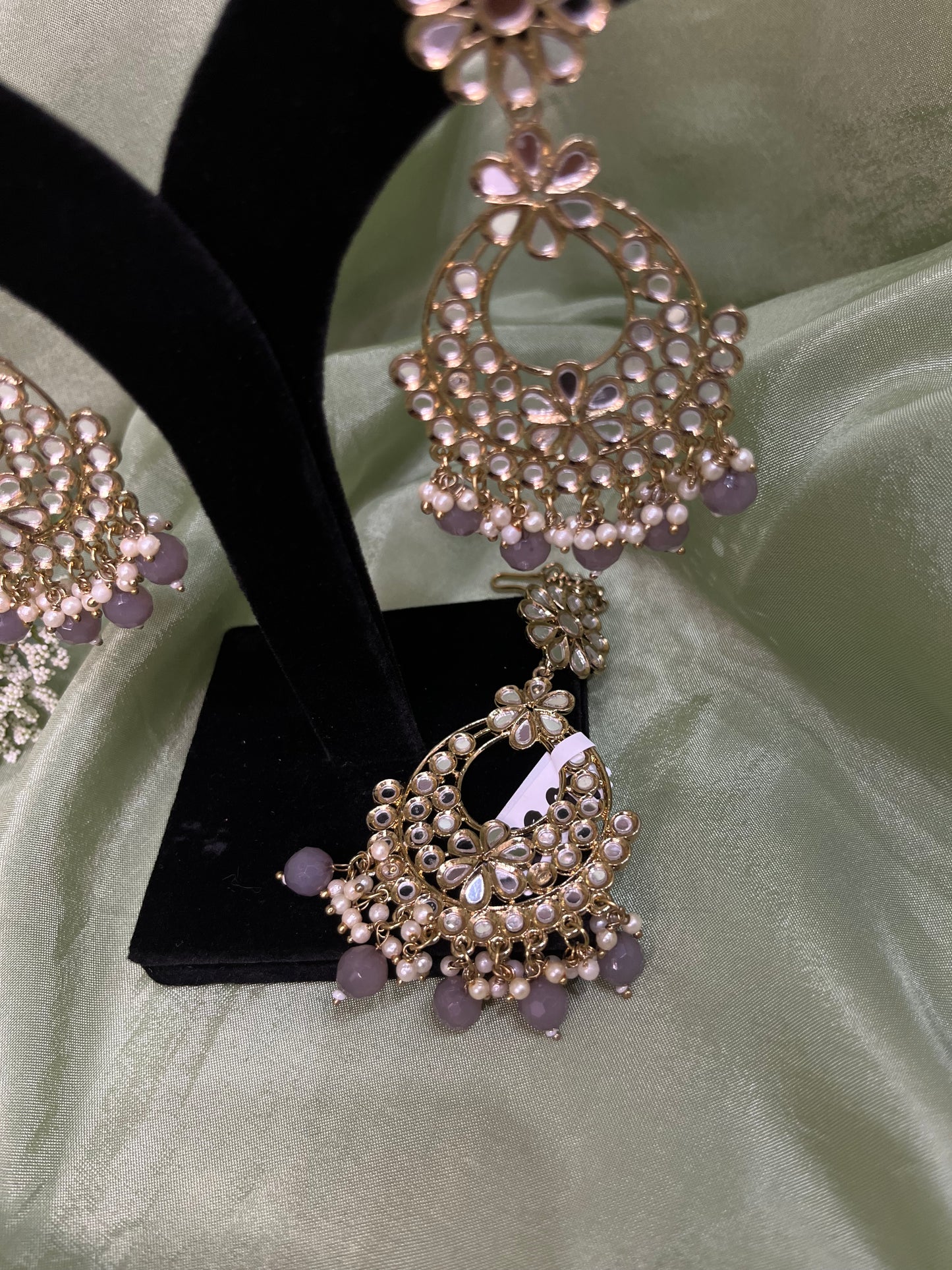 Grey mirror work earring/tikka set