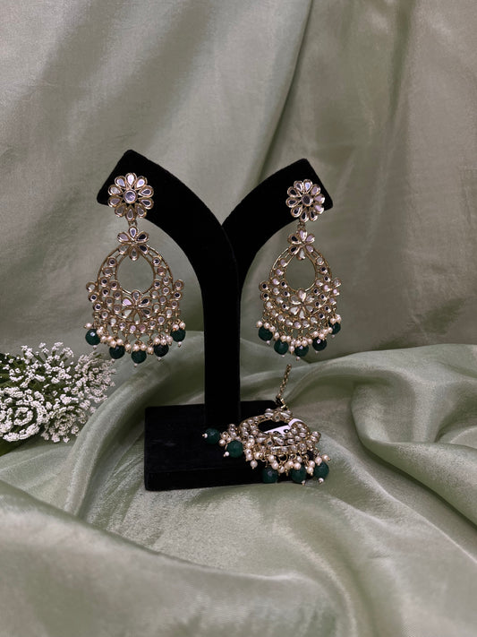 Emerald green mirror work earring/tikka set