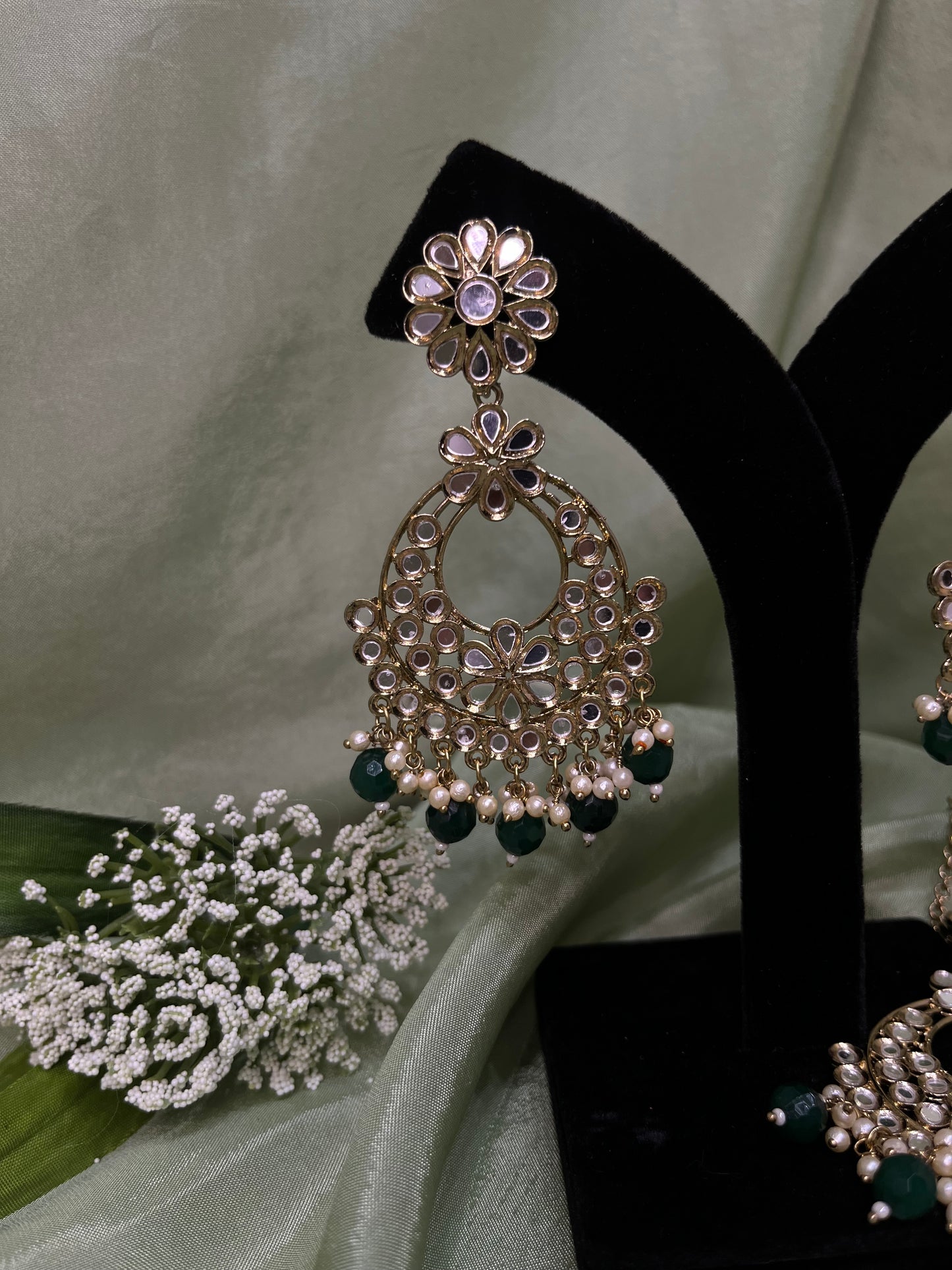 Emerald green mirror work earring/tikka set