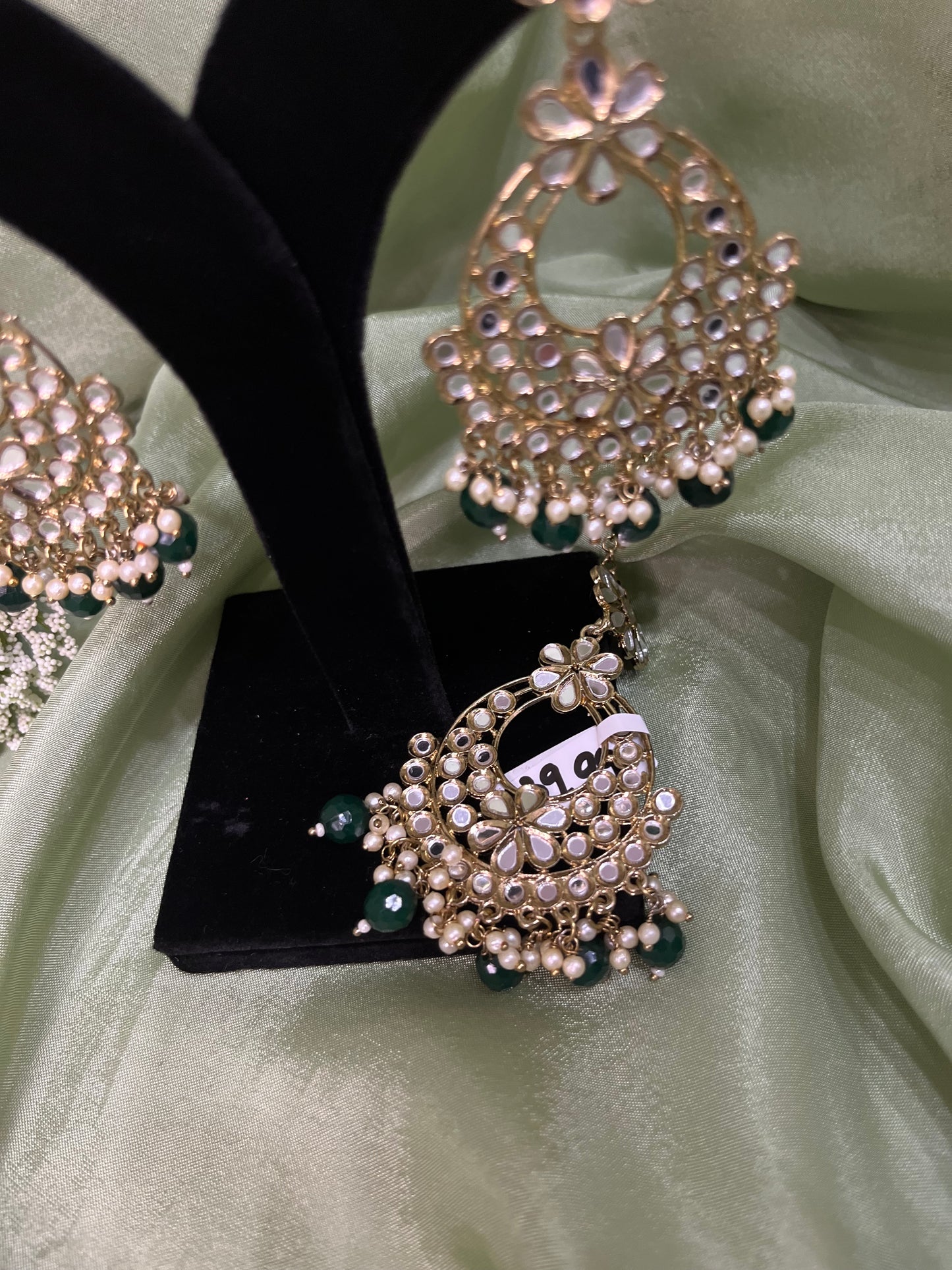 Emerald green mirror work earring/tikka set