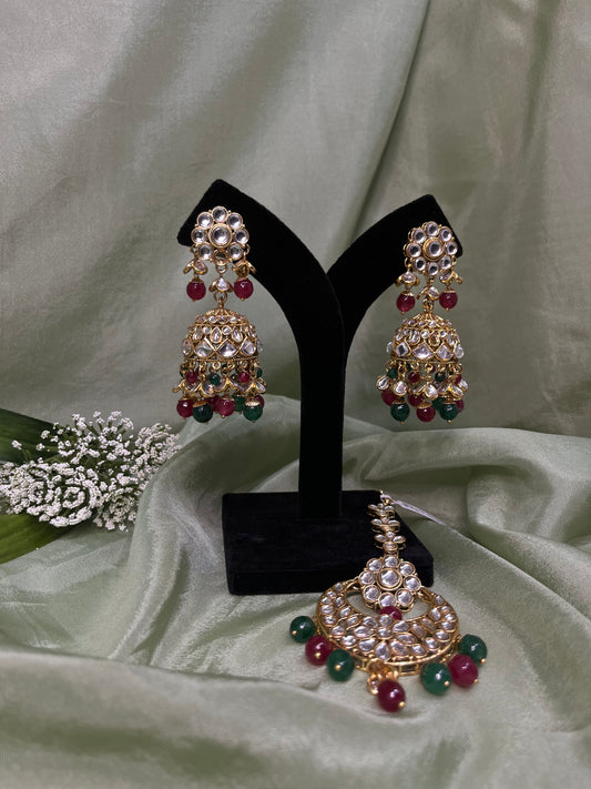 Red/green jhumki/tikka set