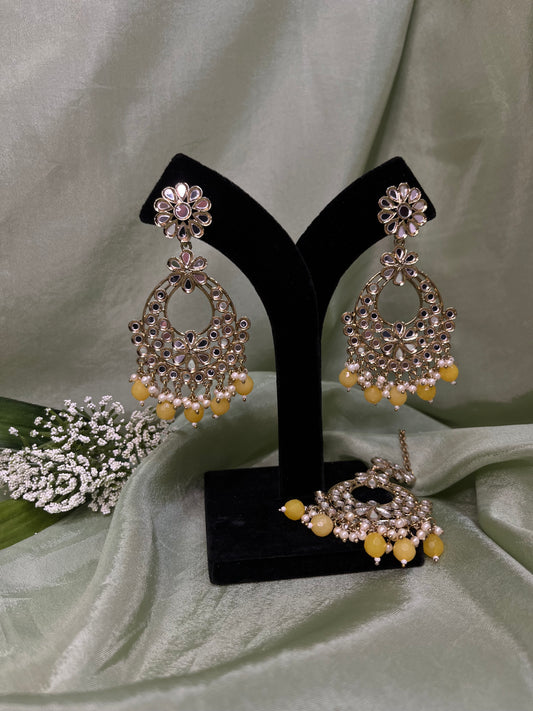 Yellow mirror work earring/tikka set