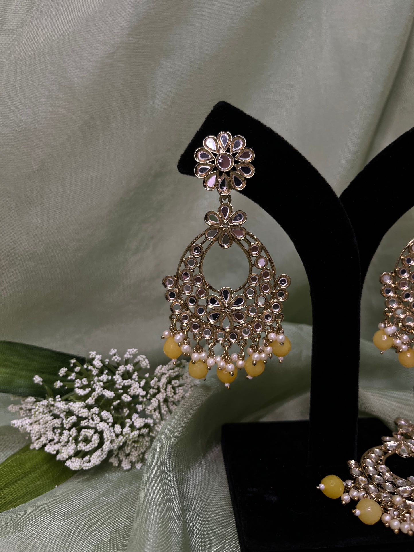 Yellow mirror work earring/tikka set