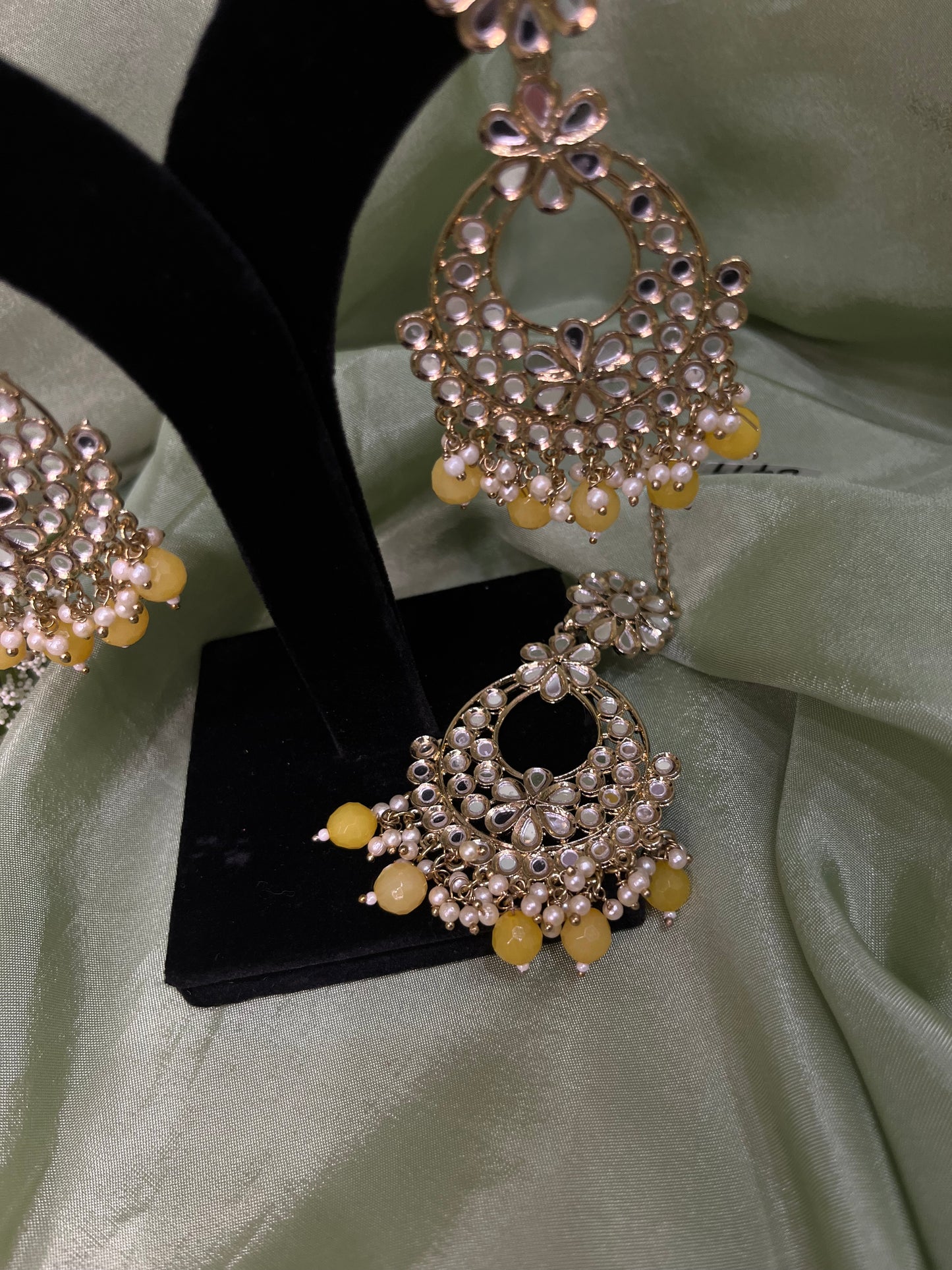 Yellow mirror work earring/tikka set