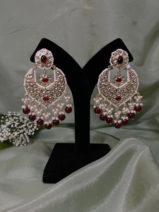 Maroon white kundan earrings