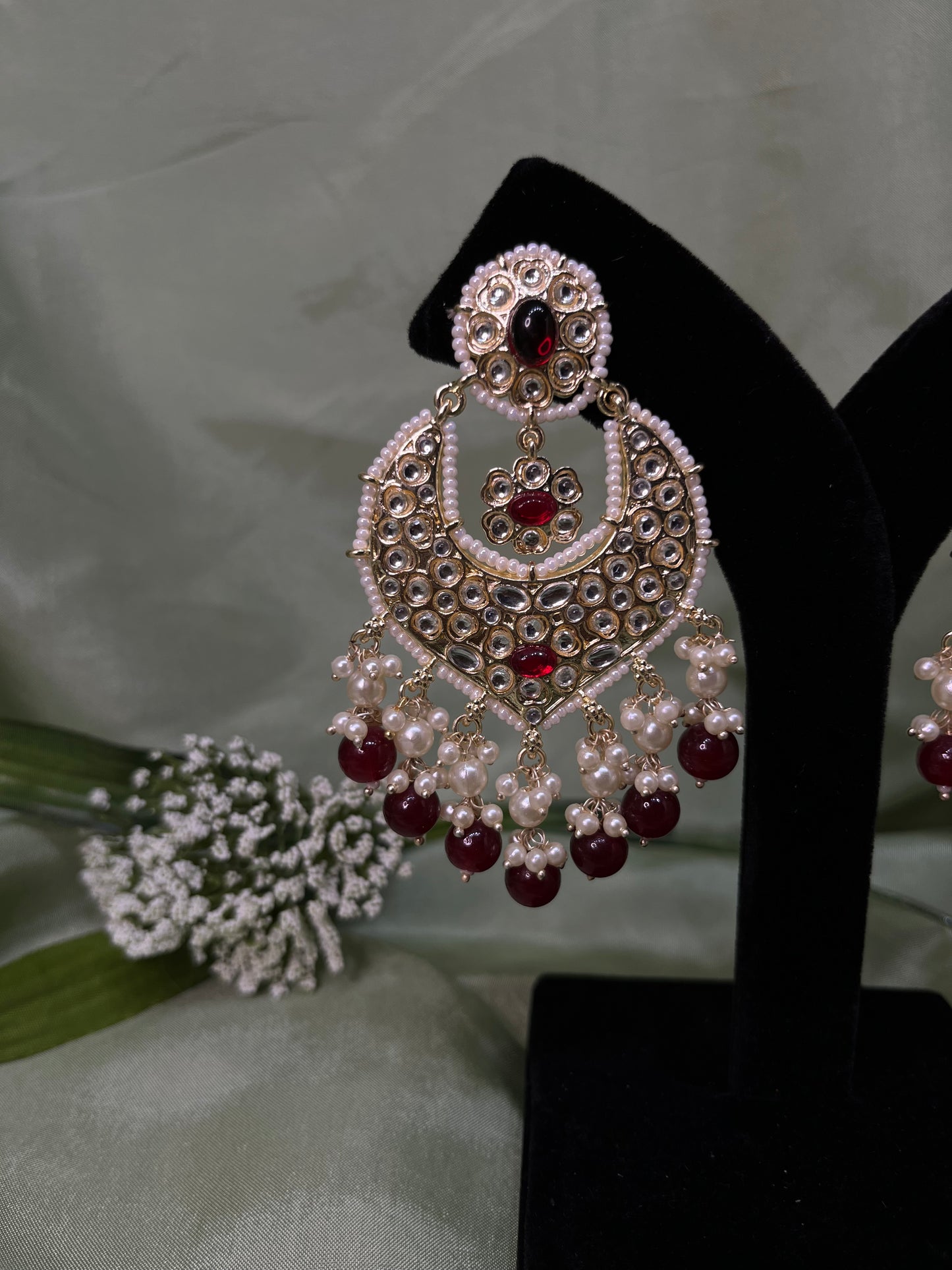 Maroon white kundan earrings