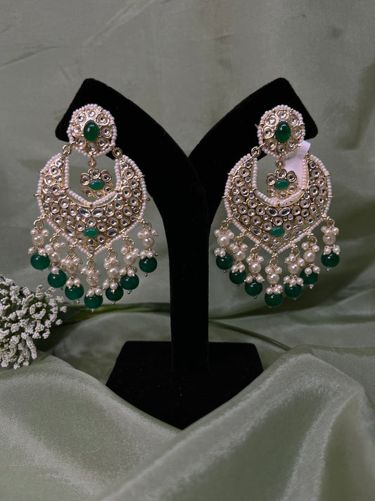 Green white kundan earrings