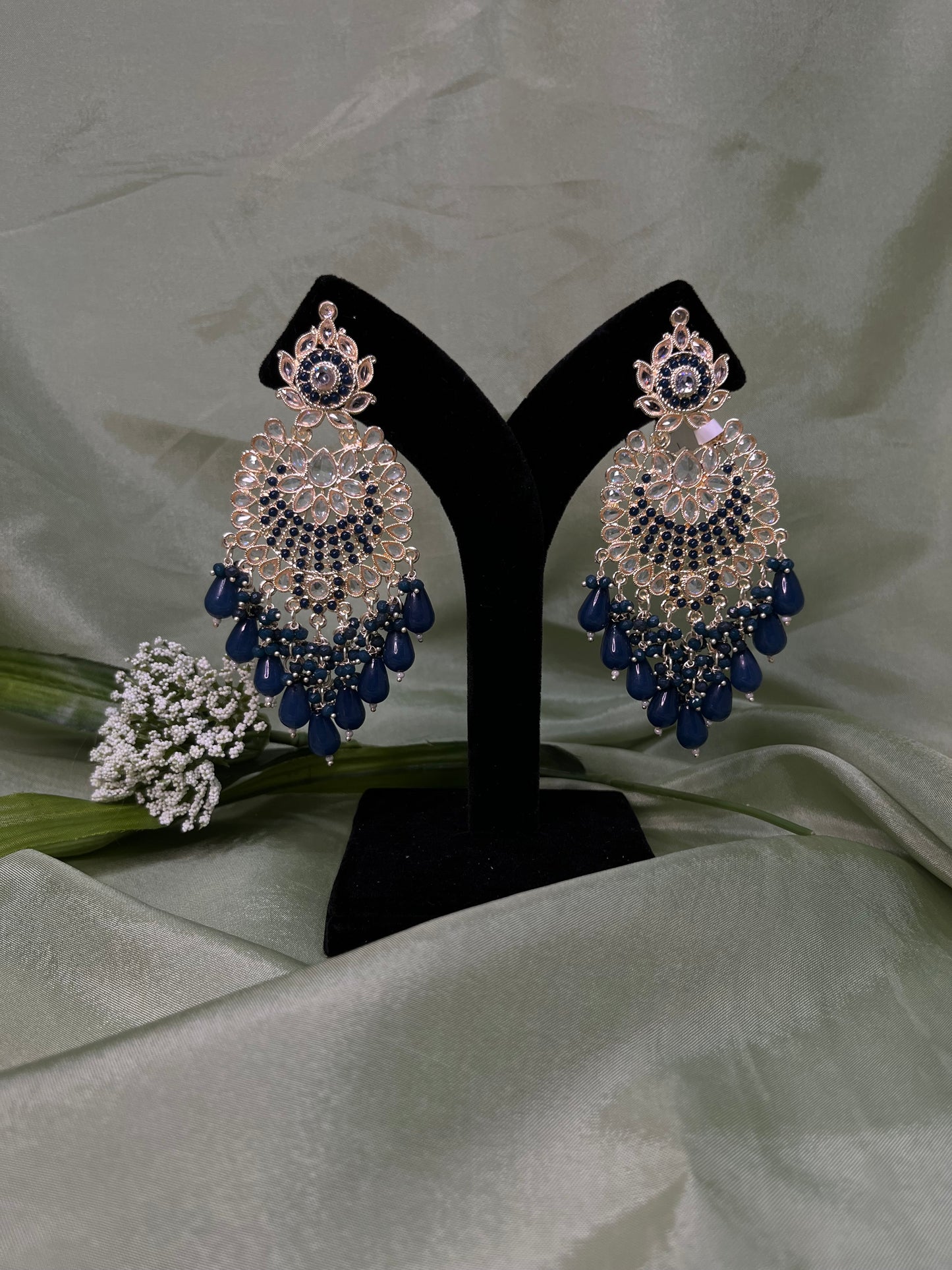 Navy blue white kundan earrings