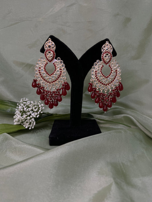 Maroon white kundan earrings