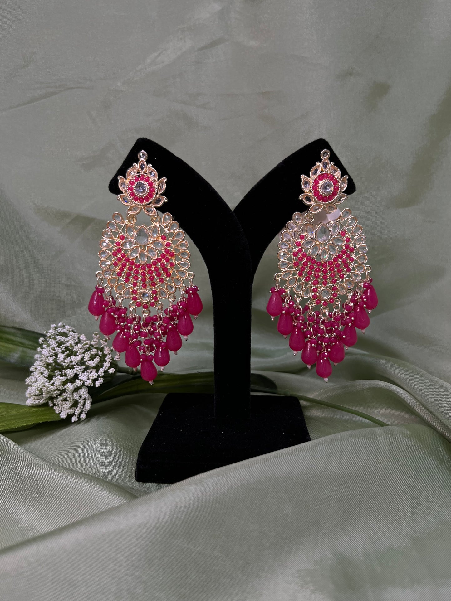 Hot pink white kundan earrings