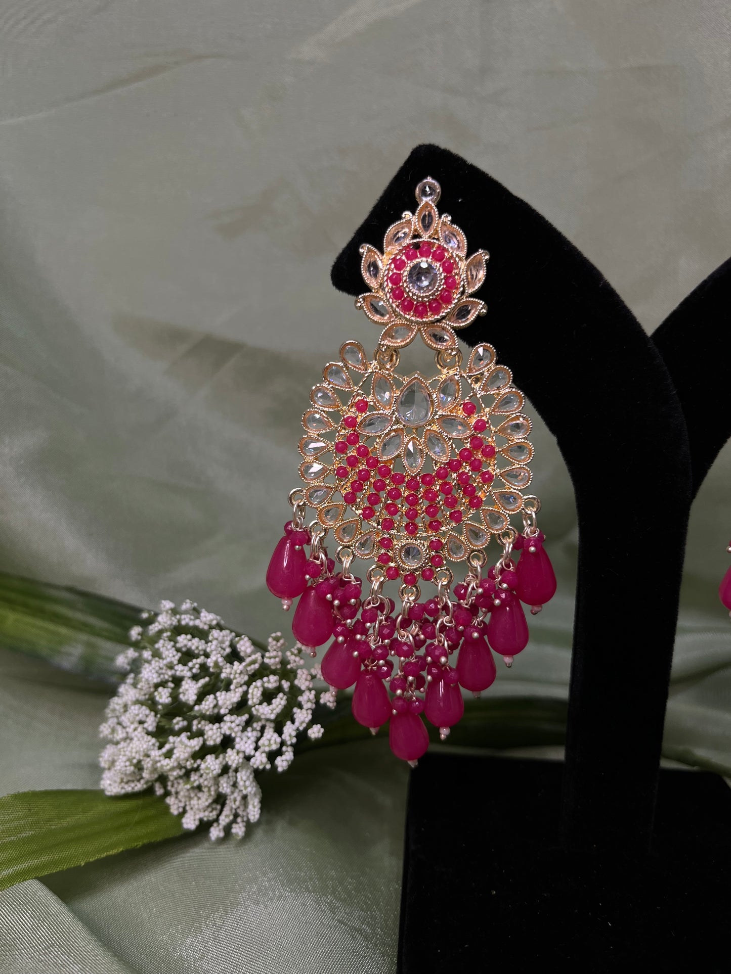 Hot pink white kundan earrings