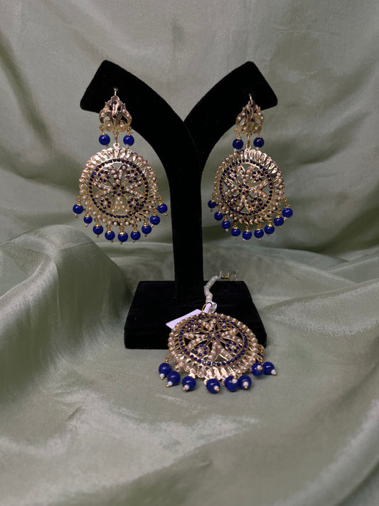 Royal blue jadau earring/tikka set