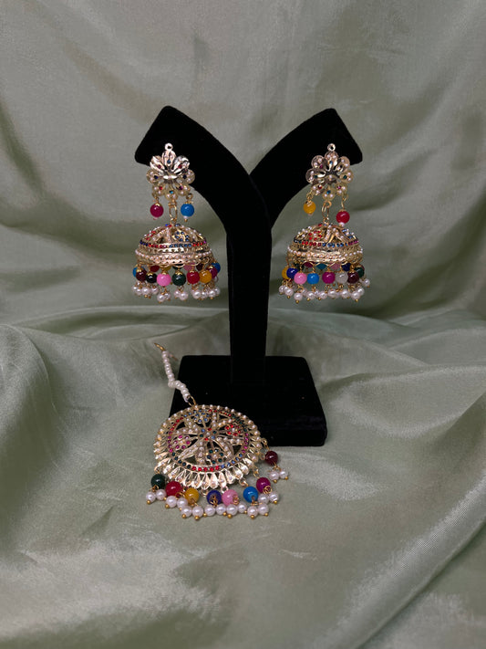 Multi-colour jadau earring/tikka set