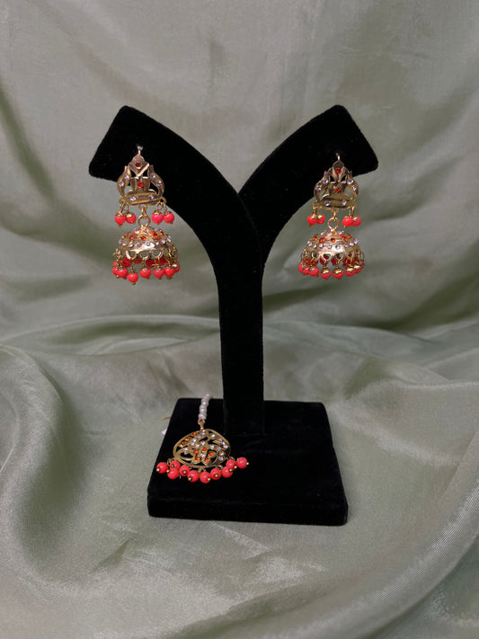 Orange jadau earring/tikka set