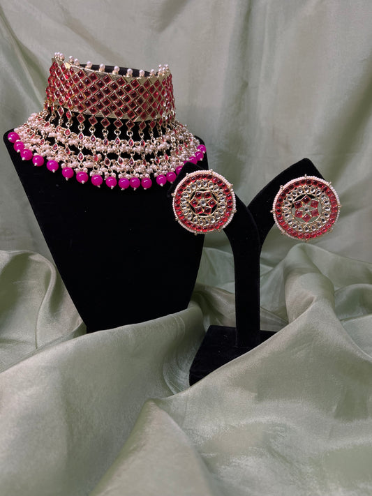 Hot pink white kundan choker set