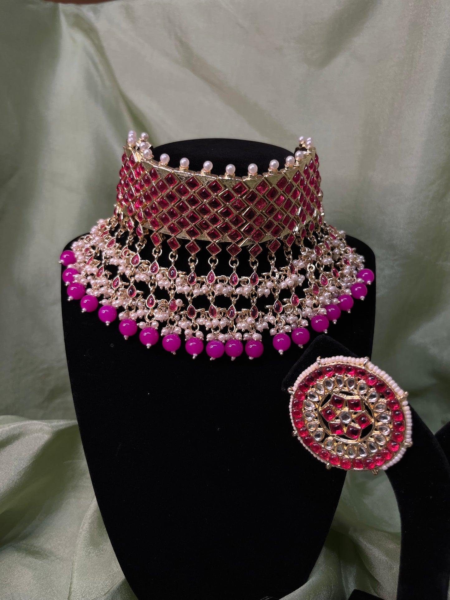 Hot pink white kundan choker set