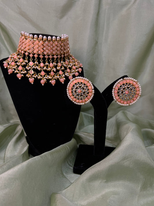Peach white kundan choker set