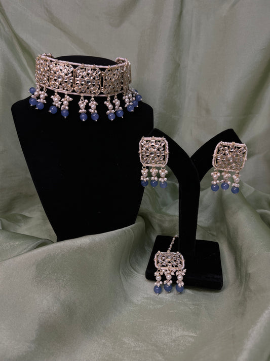 Blue white kundan choker set