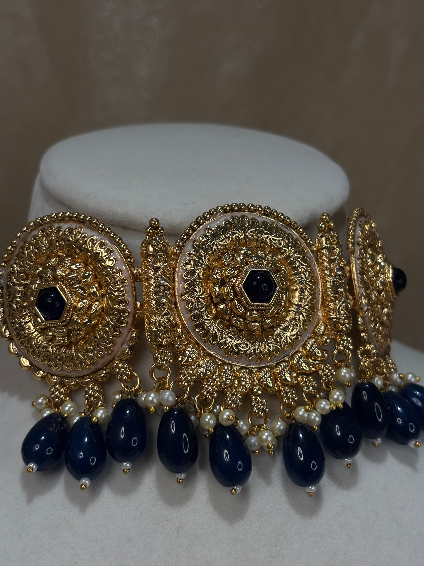 Navy blue antique gold choker set