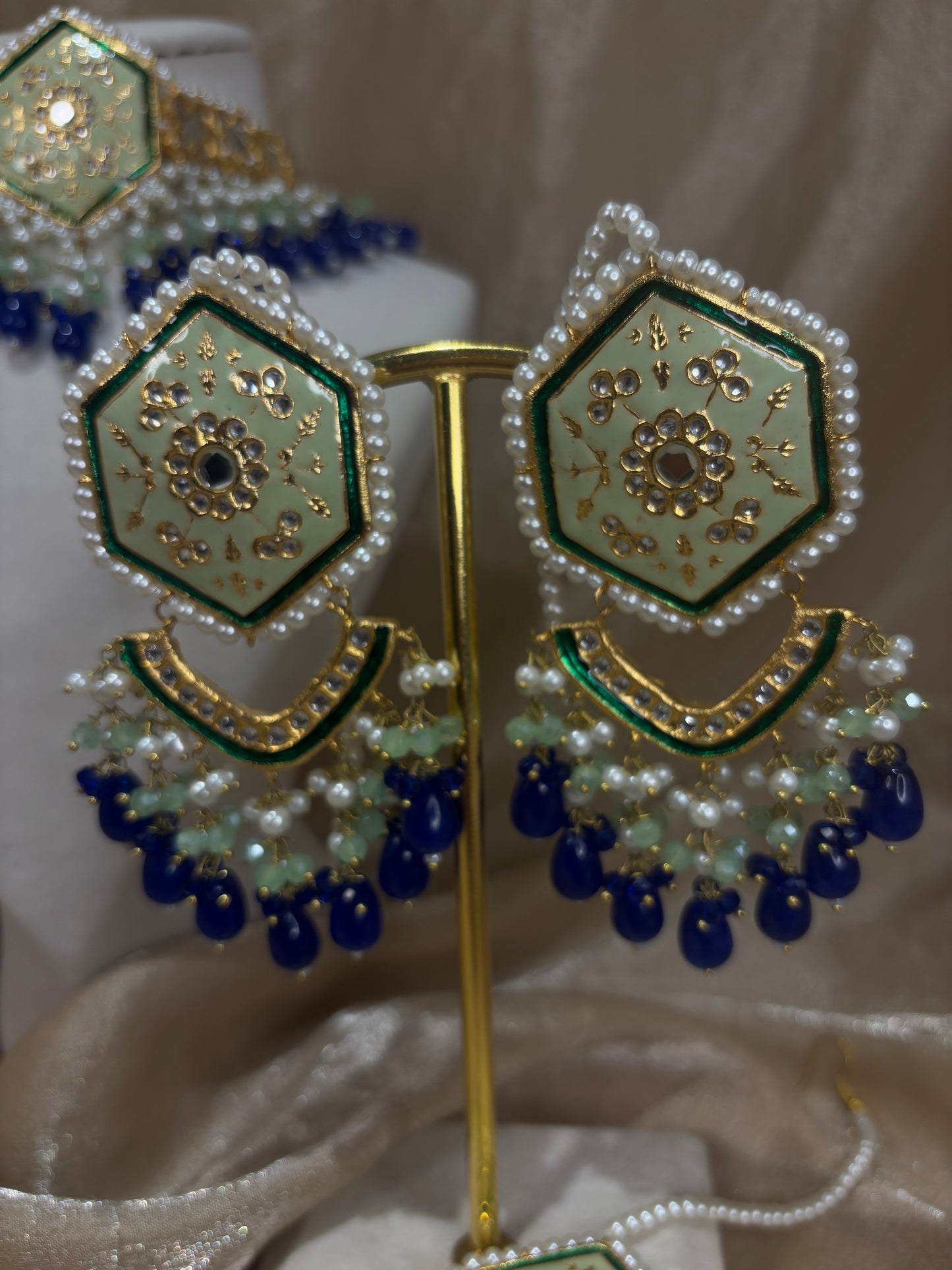 Royal blue and mint green thappa kundan set