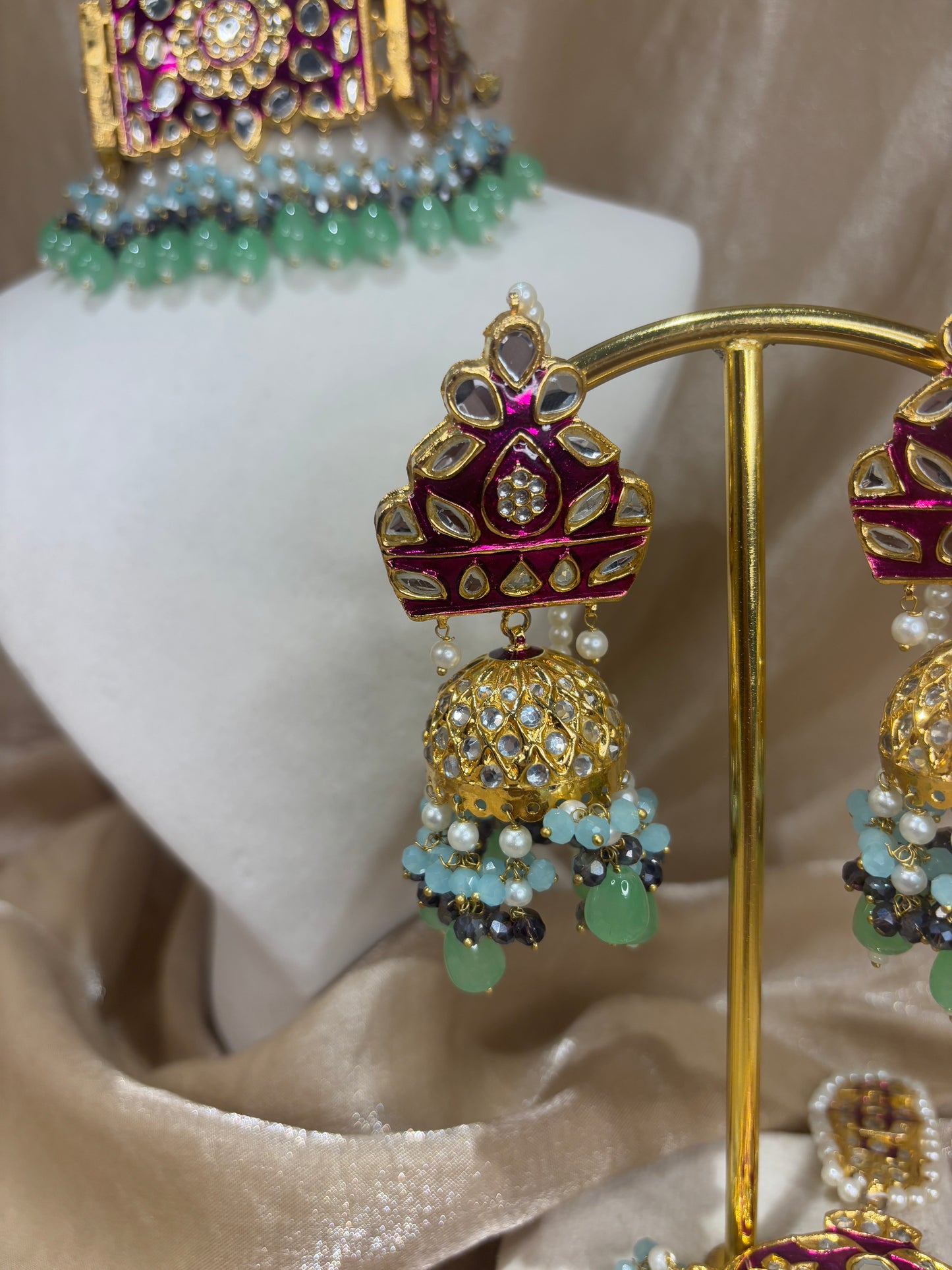 Hot pink and mint green thappa kundan